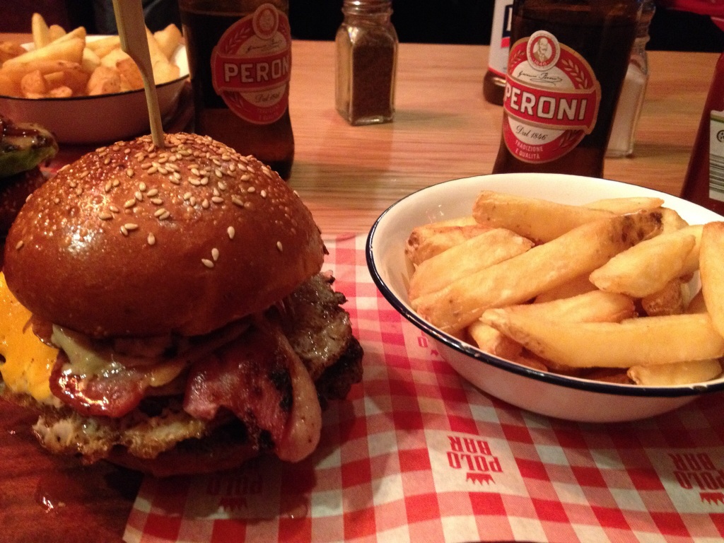 Yes we're drinking Italian beer in London. So? Look at that BURGER.